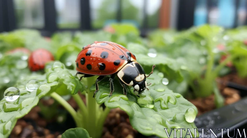Beautiful Ladybug on Wet Leaf AI Image