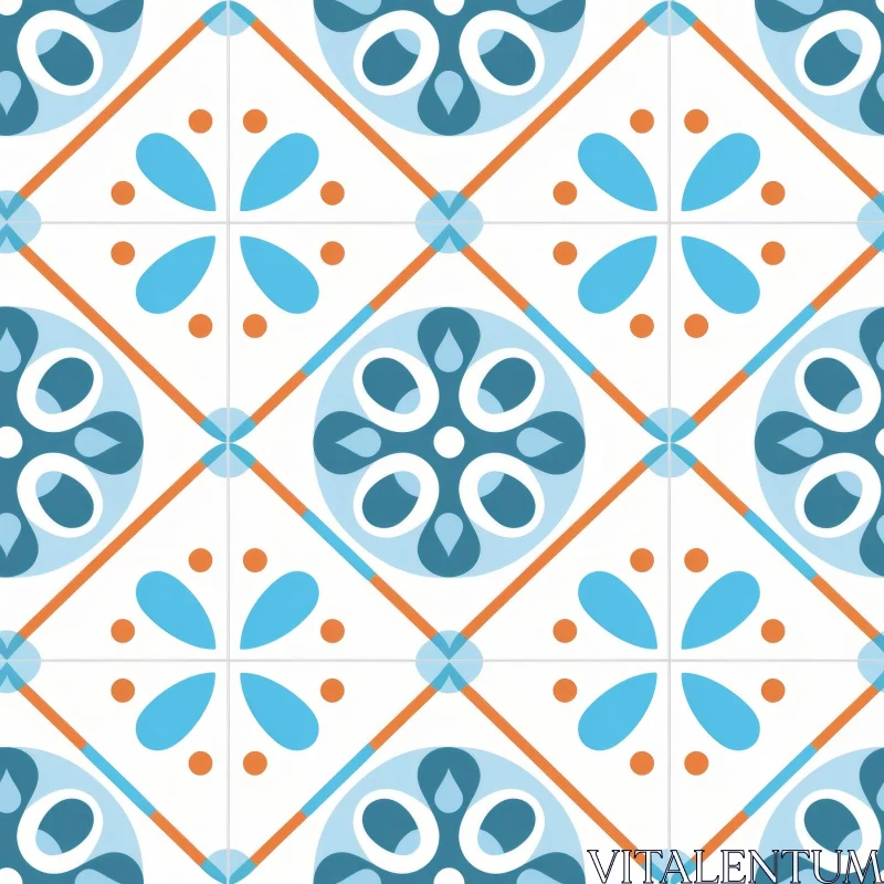 Blue and Orange Floral Seamless Pattern on White Background AI Image