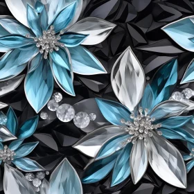 Blue and White Flowers with Crystal Centers on Black Background