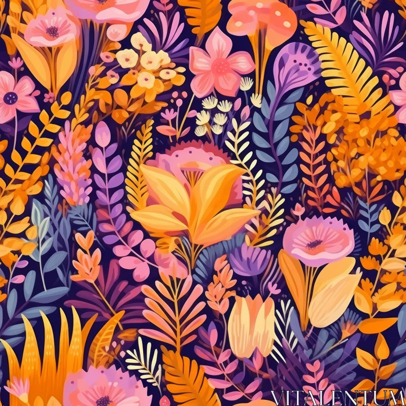 Bright Floral Pattern on Dark Blue Background AI Image