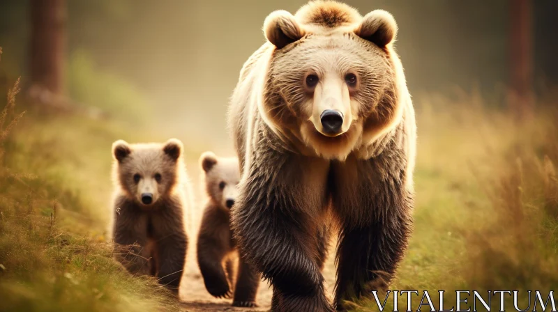 Brown Bear and Cubs in Forest - Wildlife Photography AI Image