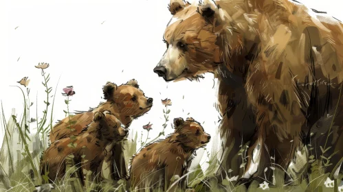 Brown Bear and Cubs Watercolor Painting in Field