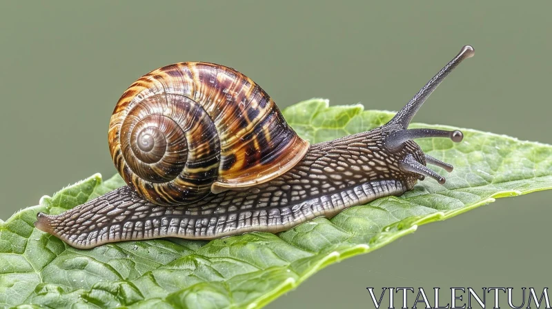Brown Shell Snail on Green Leaf AI Image