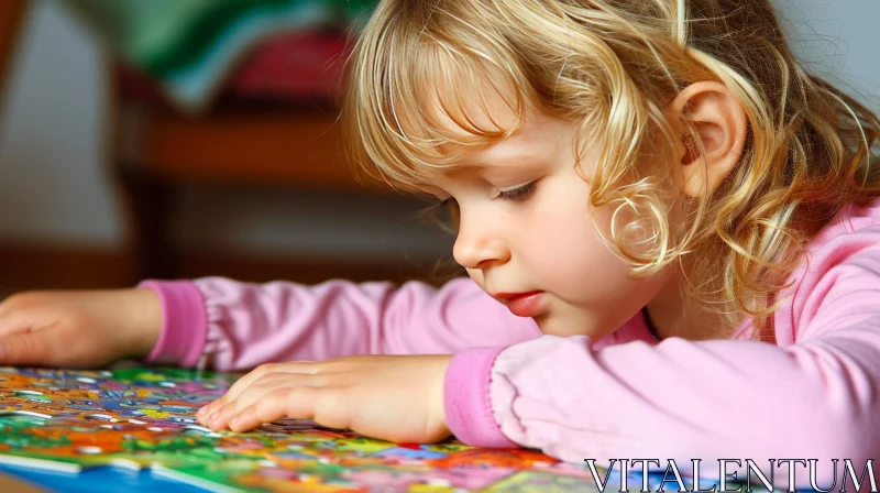 Captivating Moment: Curly-Haired Girl Engrossed in Puzzle Play AI Image