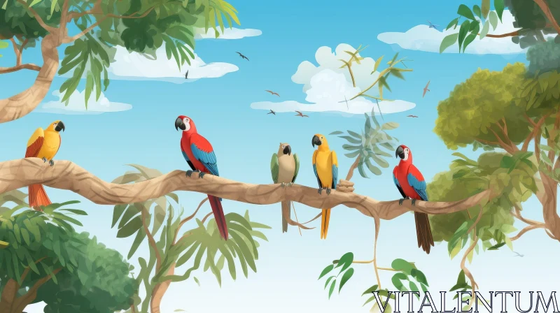 Colorful Parrots in Lush Jungle Scene - Digital Painting AI Image