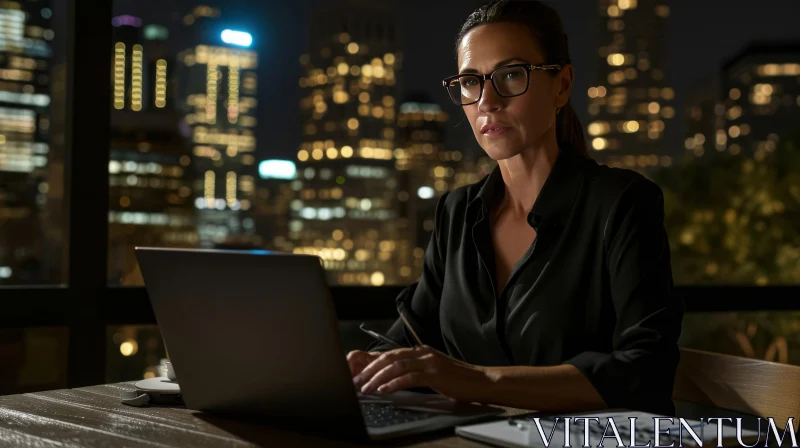 Diligent Businesswoman Working Late at Night in Her Office AI Image