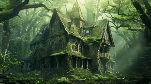 Eerie Digital Painting of an Abandoned Mansion in a Dark Forest