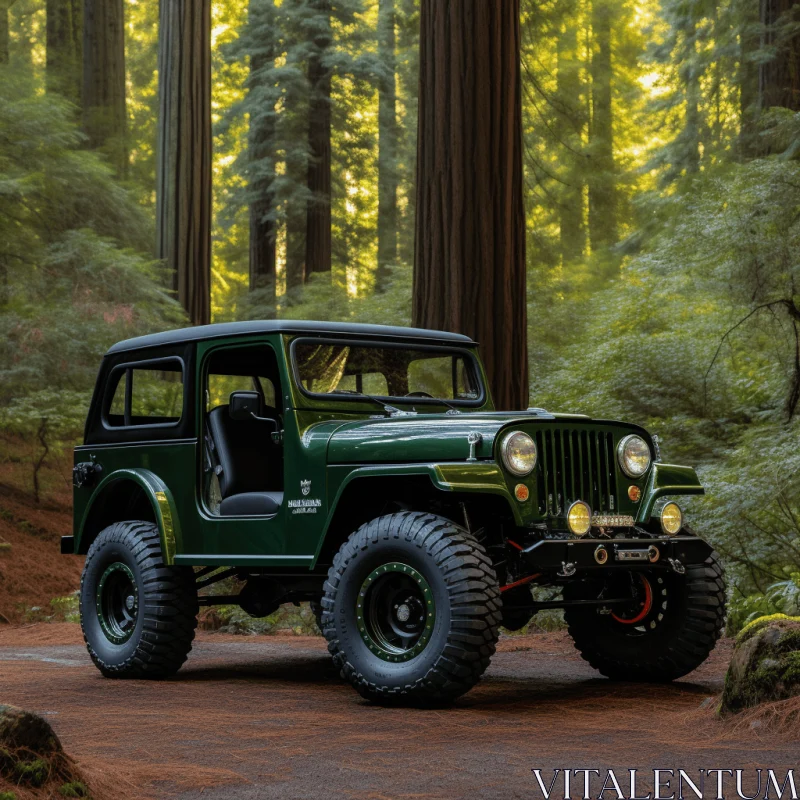 Green Jeep in Enchanting Forest | American Studio Craft Movement AI Image