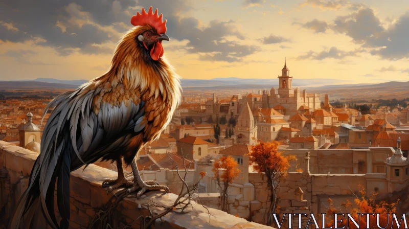 Majestic Rooster in Medieval Town AI Image