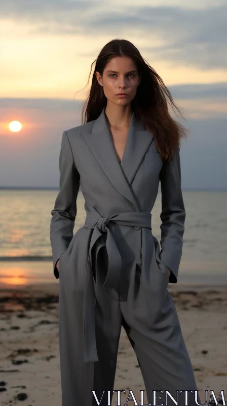 Powerful Sunset Portrait: Woman on Beach at Dusk AI Image
