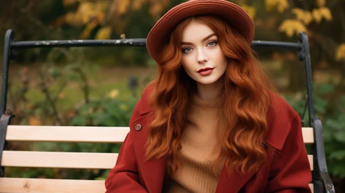 Red-Haired Woman Sitting on Park Bench