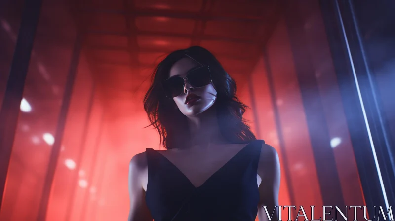 Serious Woman in Black Dress and Sunglasses in Red Room AI Image