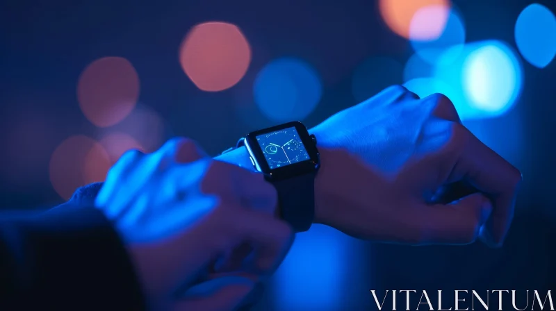 AI ART Sleek Black Smartwatch with Vibrant Blue Screen | Time, Date, Battery Life