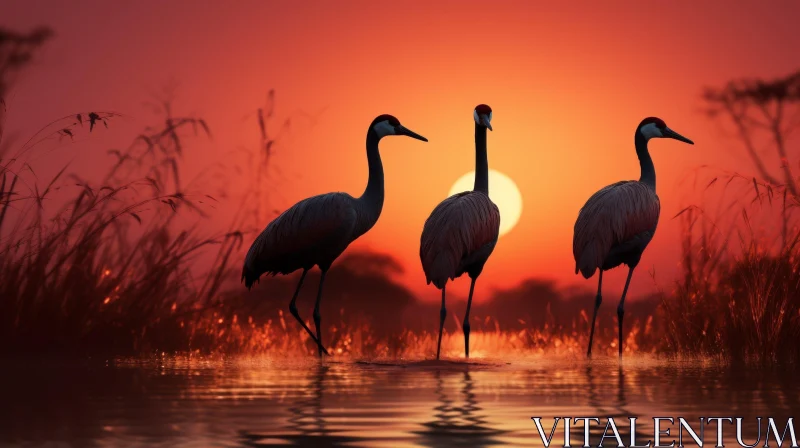Tranquil Sunset Landscape with Cranes in a Lake AI Image