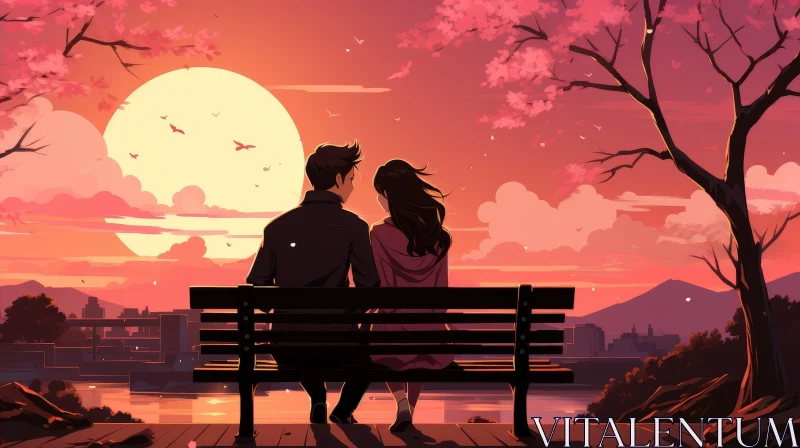 Anime Couple Sunset Bench Artwork AI Image
