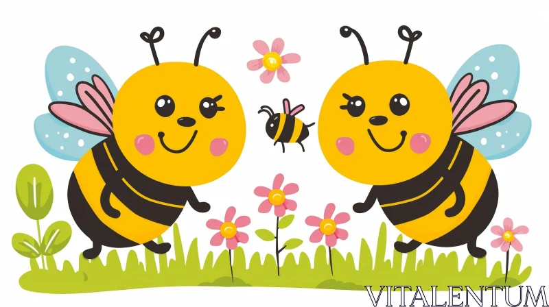 Bees in Flower Field Illustration AI Image