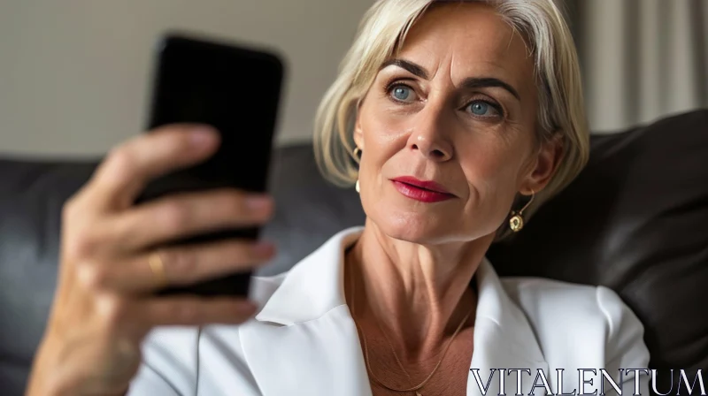 Confident Middle-Aged Woman in White Blazer | Close-Up Portrait AI Image