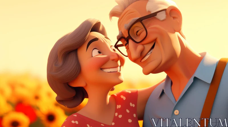 AI ART Elderly Couple in Sunflower Field - Love and Warmth