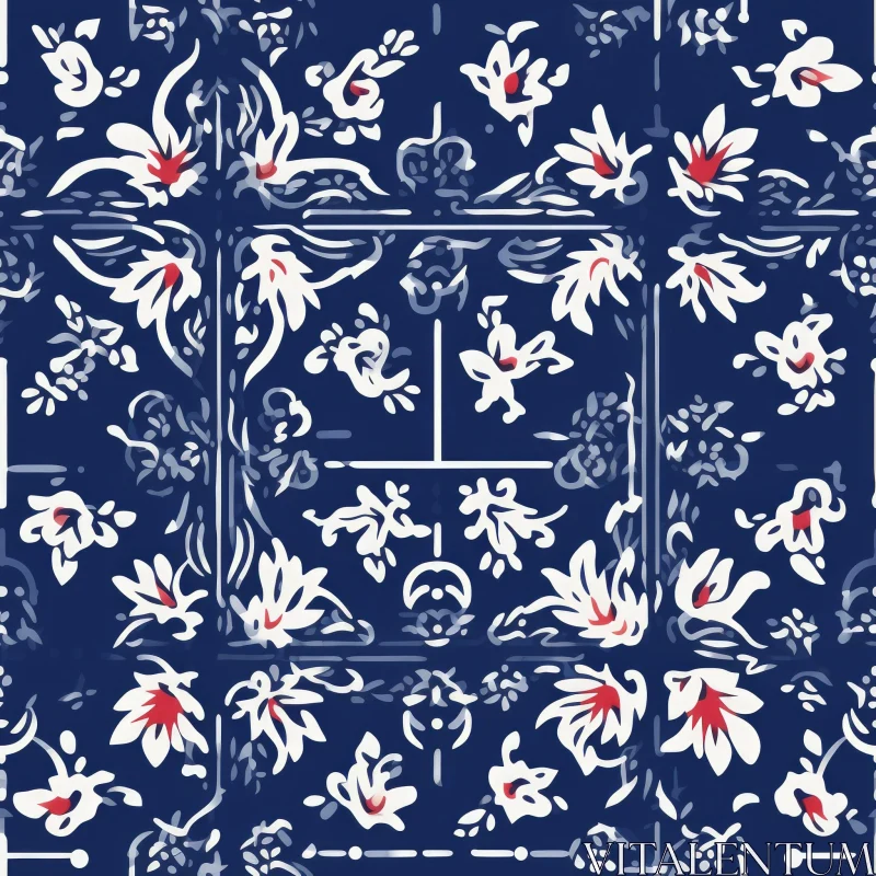 Elegant White and Red Floral Pattern on Dark Blue Background AI Image