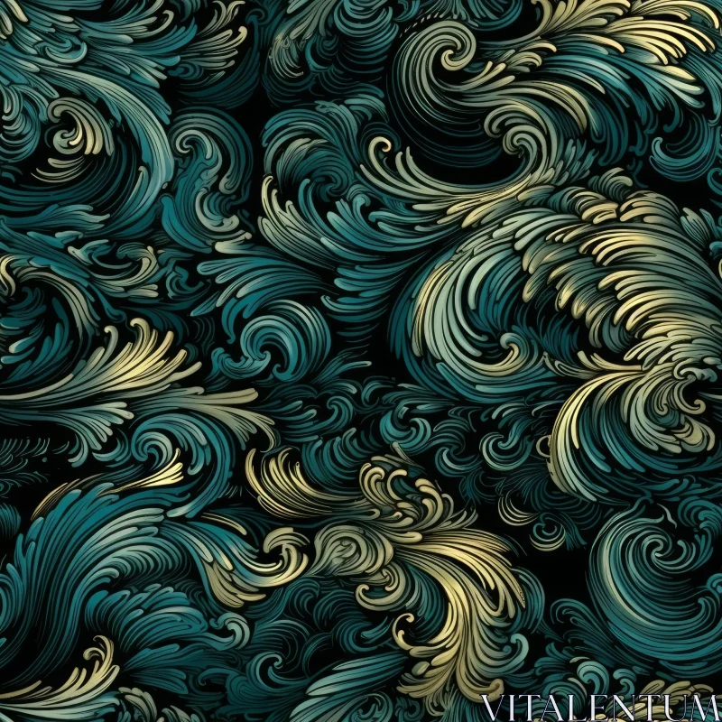 Golden Teal Waves Seamless Pattern - Art Nouveau Design AI Image