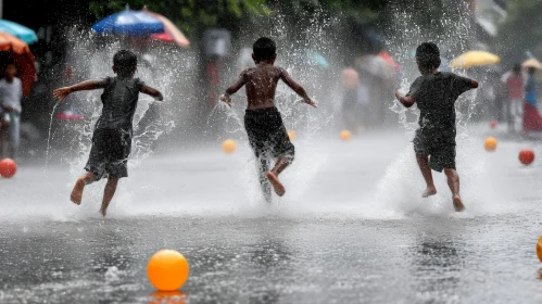 Joyful Children Playing in the Rain - Artistic Image