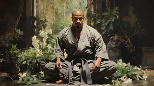 Meditative Portrait in Grey Martial Arts Uniform AI Image