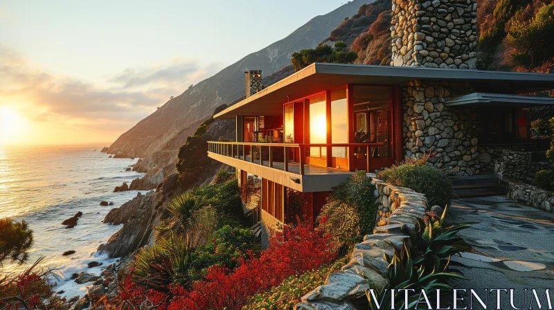 Modern House on Cliff Overlooking the Ocean | Serene Sunset View AI Image