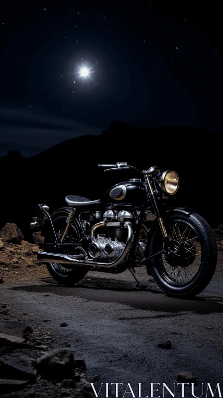 AI ART Motorcycle Parked under Starry Night Sky - Timeless Nostalgia