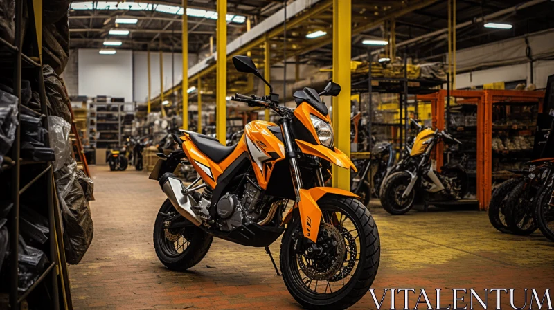 Precision Engineering: Bold and Dynamic Motorcycle in Warehouse AI Image
