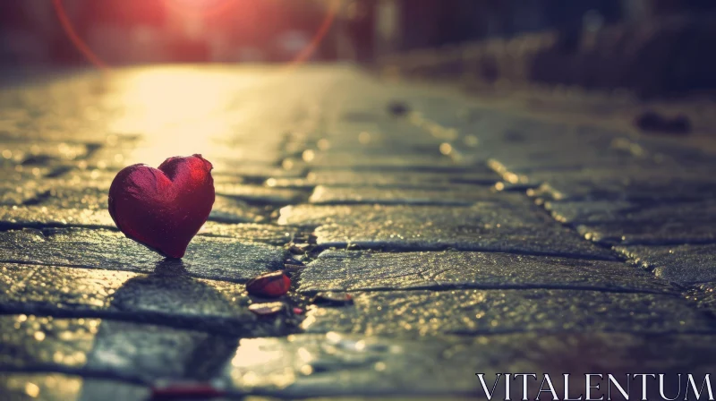 Red Heart-Shaped Candy on Stone Pavement AI Image
