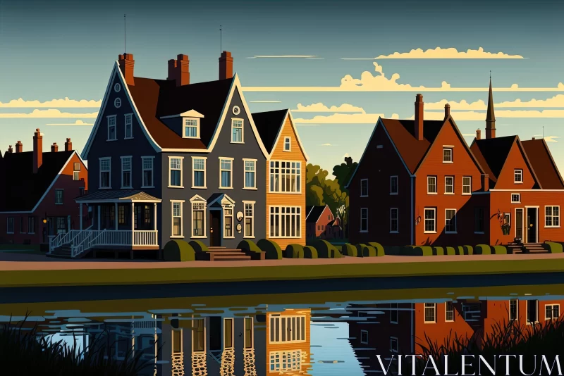 Serene Houses by the Water: Art Nouveau-Inspired Illustration AI Image