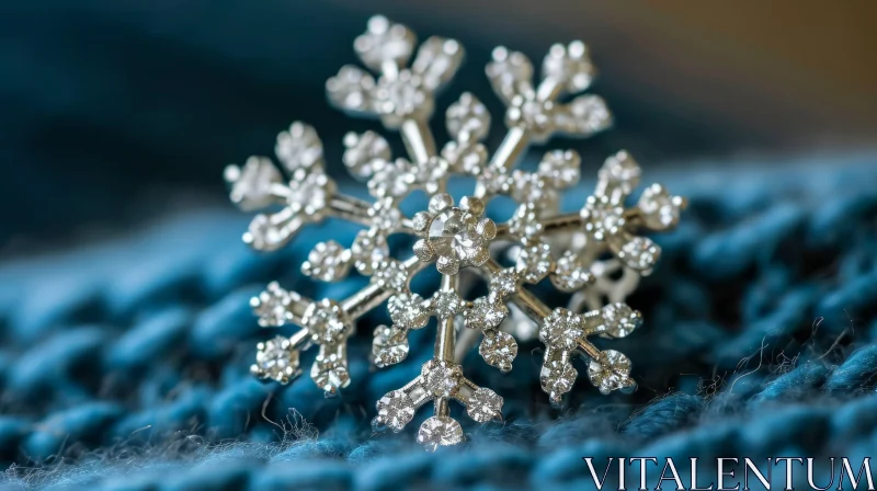 Silver Snowflake Brooch with Diamonds on Blue Background AI Image