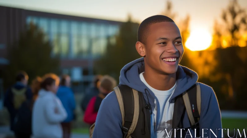 Smiling College Student Portrait at Sunset AI Image