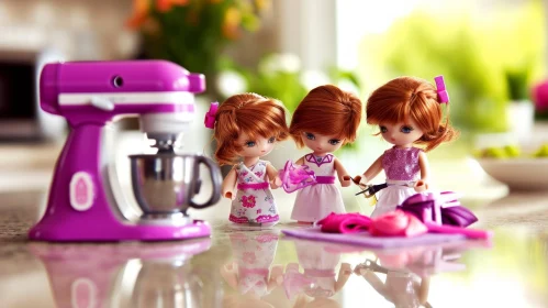 Three Dolls on a Kitchen Counter - A Charming Scene of Domesticity
