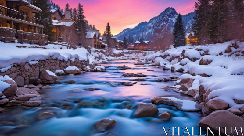 Tranquil Winter Mountain Town Landscape AI Image