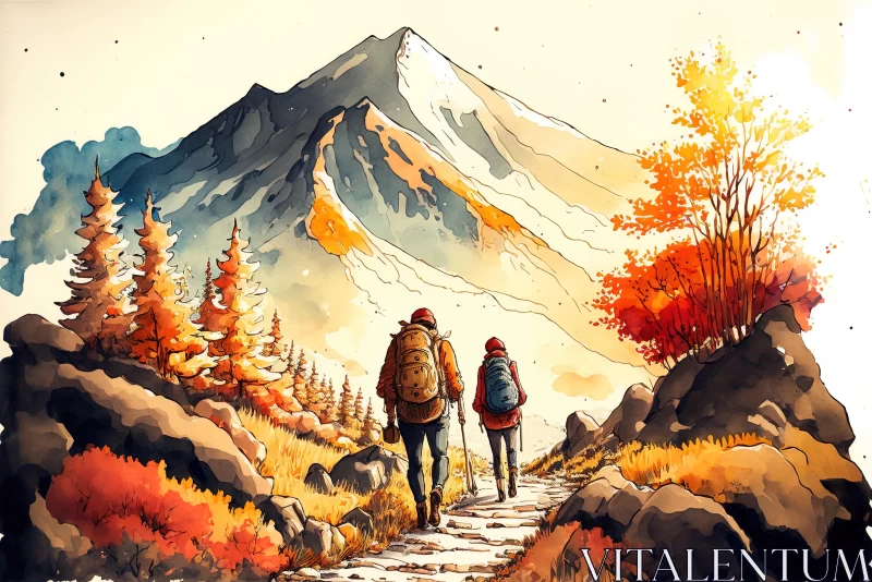 Two People Walking in the Mountains - Colorful Cartoon Illustration AI Image