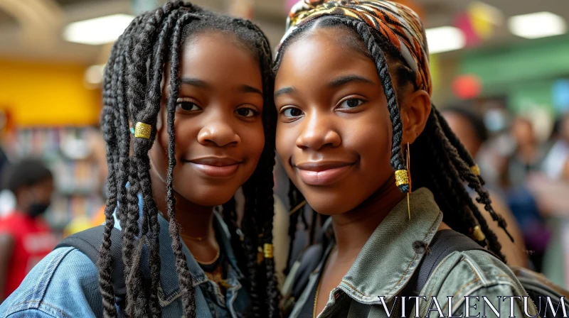 Two Smiling African-American Girls with Braided Hair AI Image