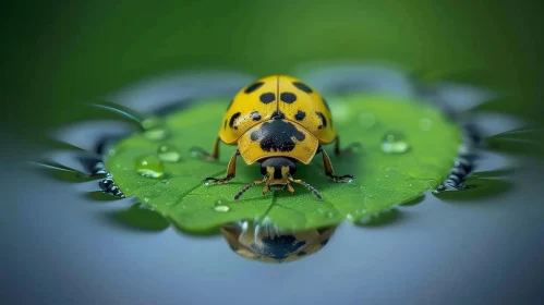 Yellow Ladybug on Green Leaf in Pond
