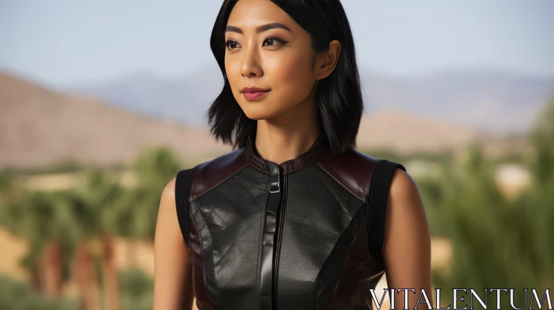 Asian Woman Portrait in Black Leather Vest AI Image