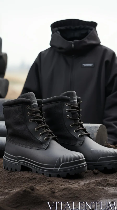 Black Rubber Boots and Jacket - Weatherproof Attire AI Image