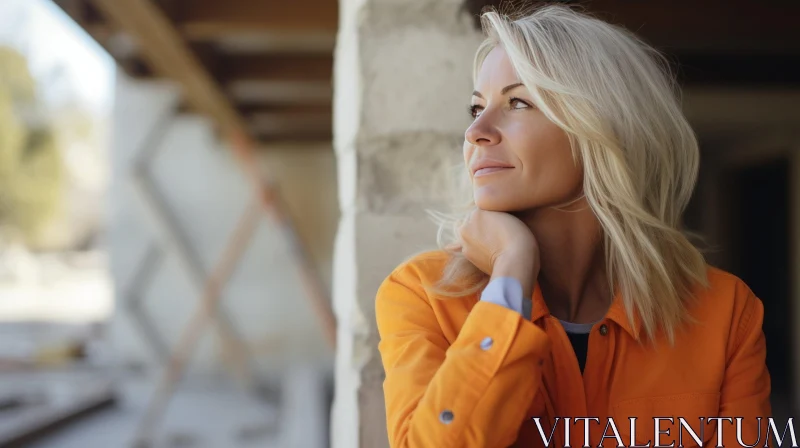 Blonde Woman in Orange Jacket at Construction Site AI Image