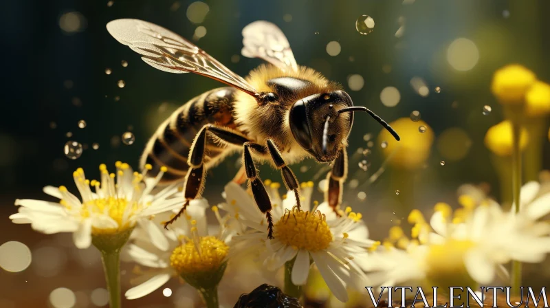 AI ART Close-up Honeybee on Daisy Flower