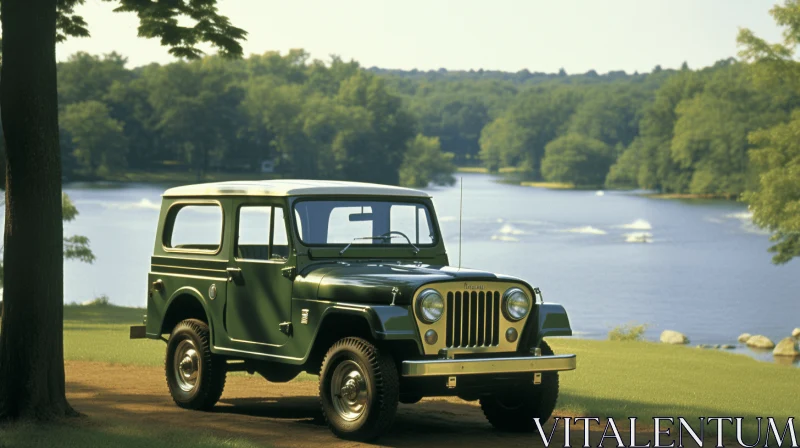 Green Jeep Driving Down a Roadway - Bold and Graceful American Iconography AI Image