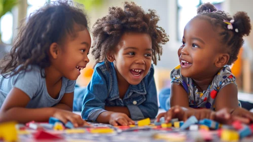 Joyful African American Girls Playing with Colorful Blocks