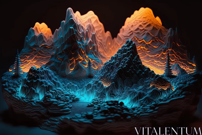 Luminous 3D Art Installation of Mountains and Volcanic Landscape AI Image