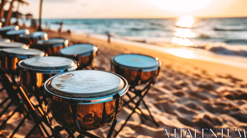 Metal Bongos on Beach: Shimmering Reflections of an Ocean Sunset AI Image