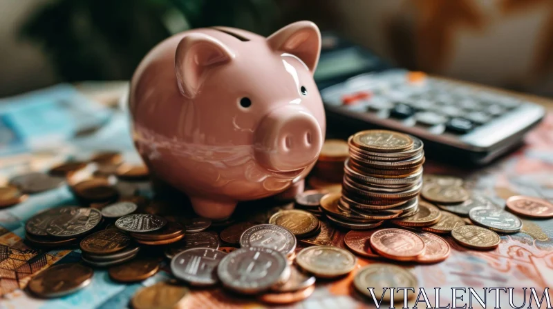Pink Piggy Bank on Stack of Coins | Ceramic Money Box AI Image