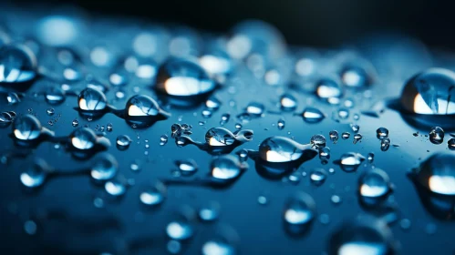 Reflective Water Drops on Blue Surface