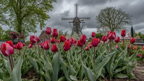 Scenic Field of Red Tulips with Majestic Windmill