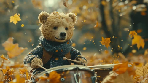 Teddy Bear Playing Drums in Forest - 3D Rendering